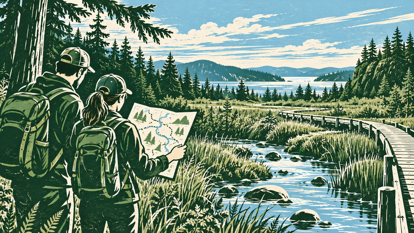 Illustration of walkers studying a map beside a creek and boardwalk.