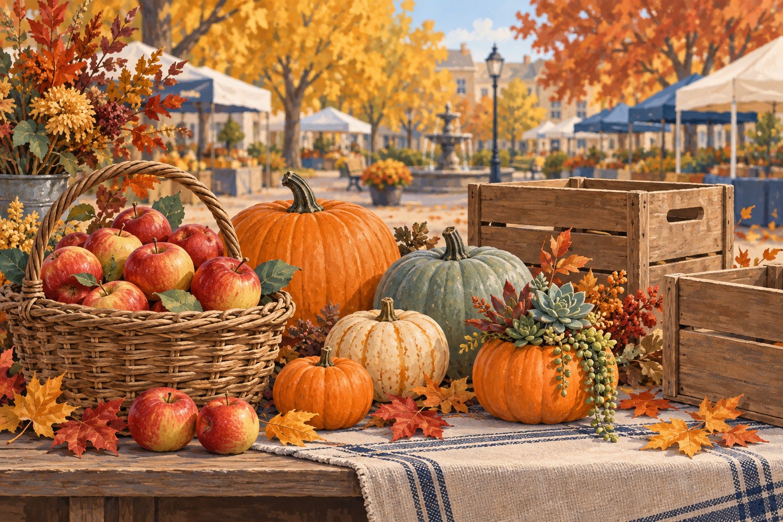 Illustrated apples, pumpkins and a succulent arrangement at an imagined harvest market.