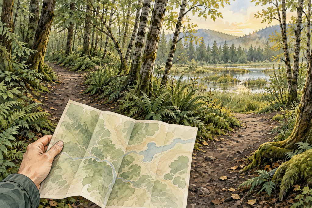 A walker comparing a map with a wooded trail