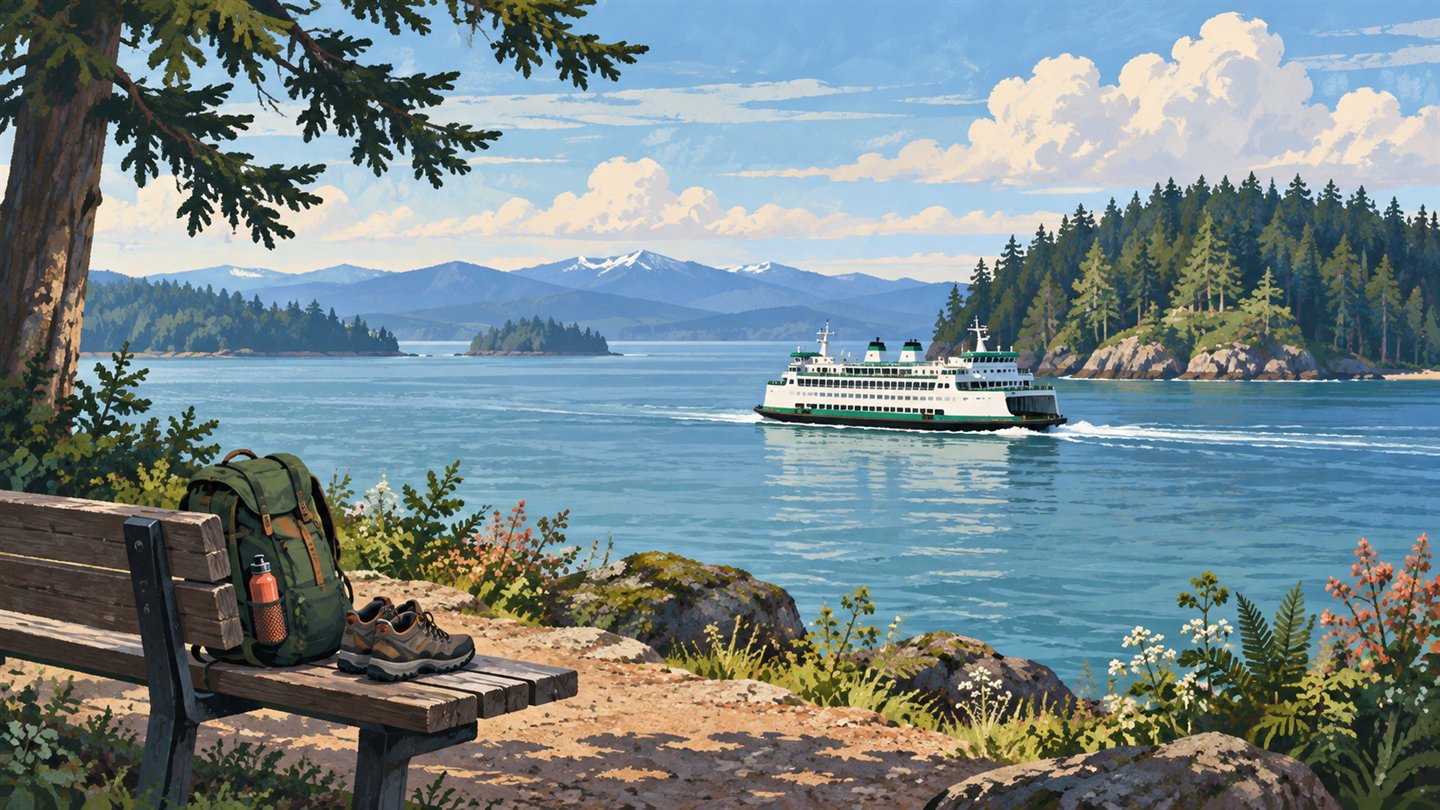 Conceptual illustration of a ferry approaching a wooded island, with walking shoes and a daypack in the foreground.