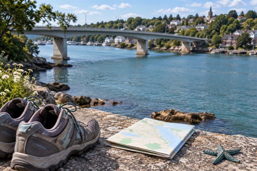Editorial illustration of walking shoes and a folded map beside a waterfront with a bridge in the distance.