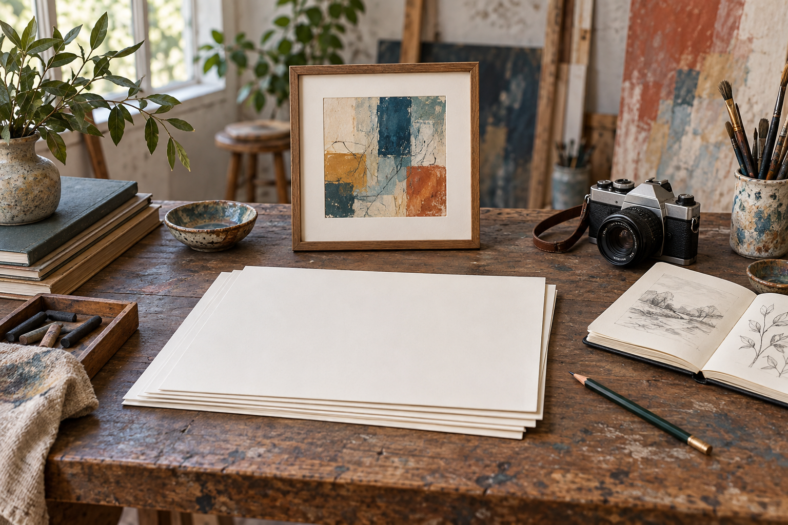 Illustration of an artist workspace with paper, a sketchbook, brushes and framed artwork.
