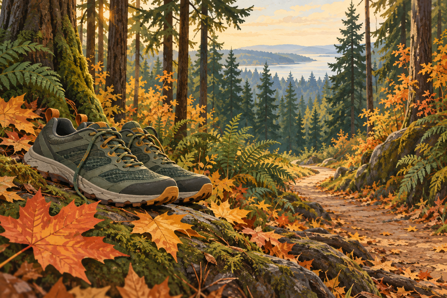 Walking shoes beside a woodland trail.