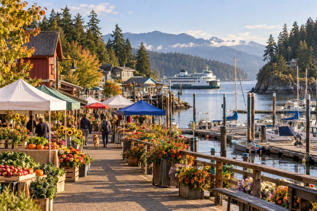 Conceptual illustration of a public market beside a Pacific Northwest marina and wooded shoreline.