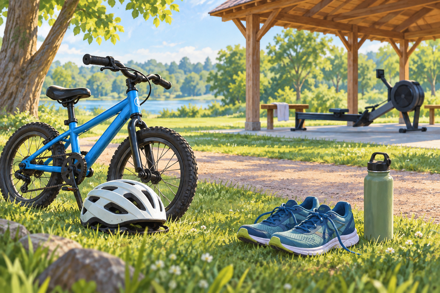 Illustration of a bicycle, helmet, running shoes and rowing machine.