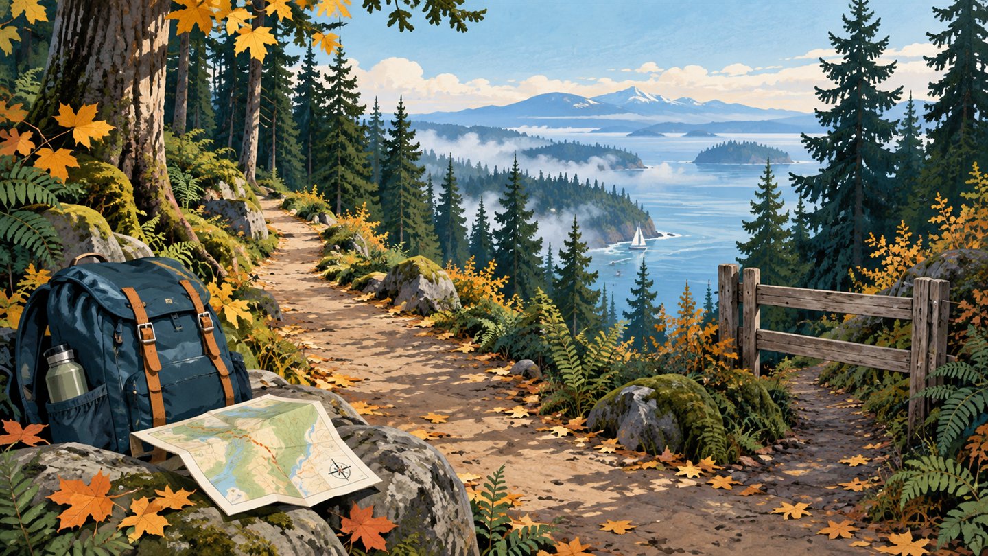 Editorial illustration of an autumn forest path, a closed side gate, a map and a backpack.
