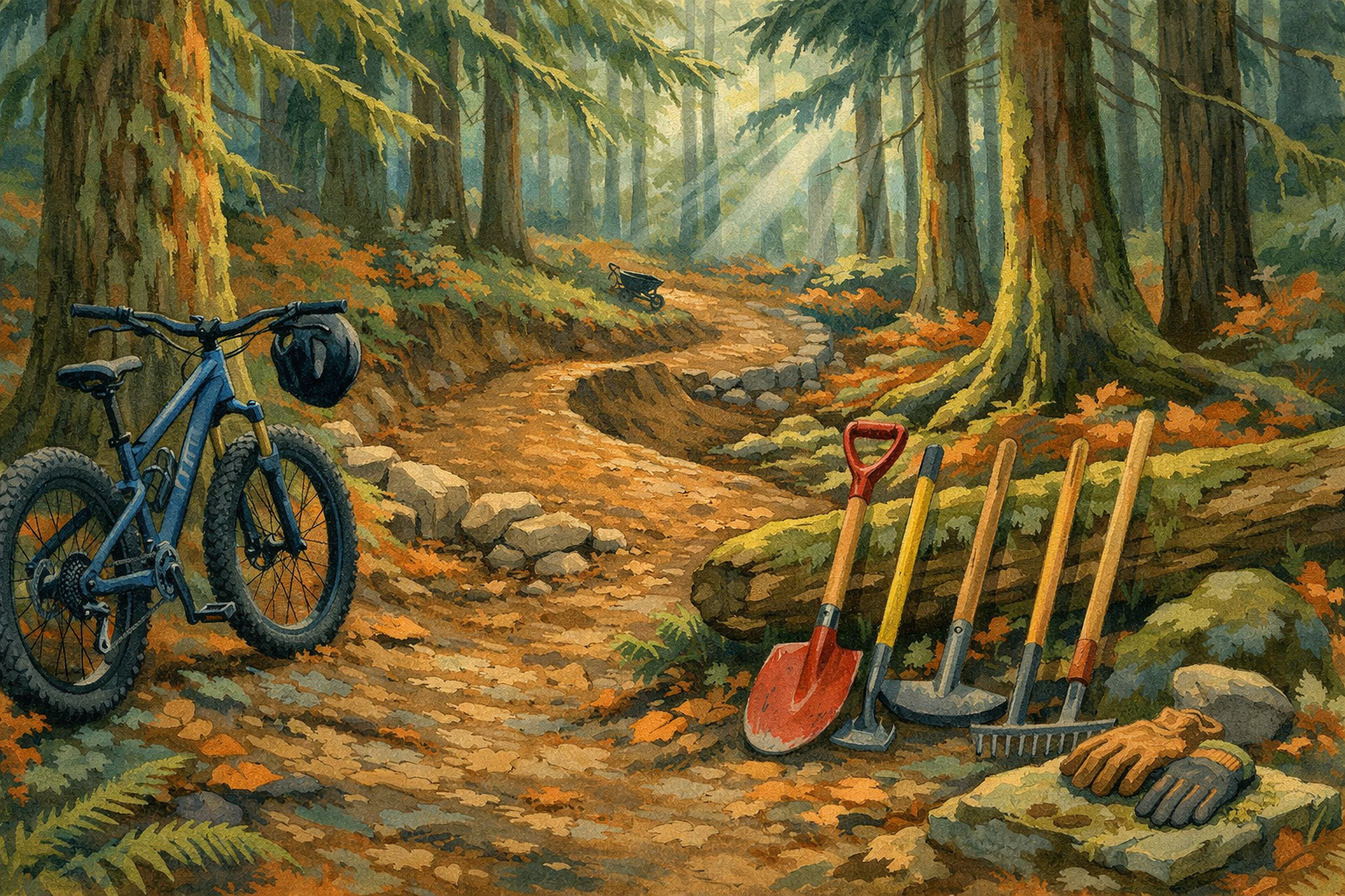 Editorial illustration of volunteers maintaining a forest mountain-bike trail near Port Gamble.