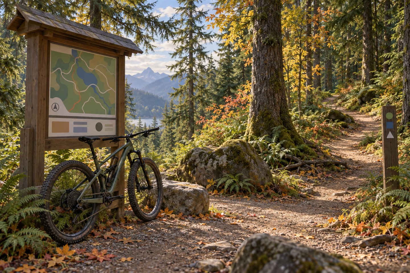 Conceptual illustration of an unbranded mountain bike beside a forest trailhead map board.