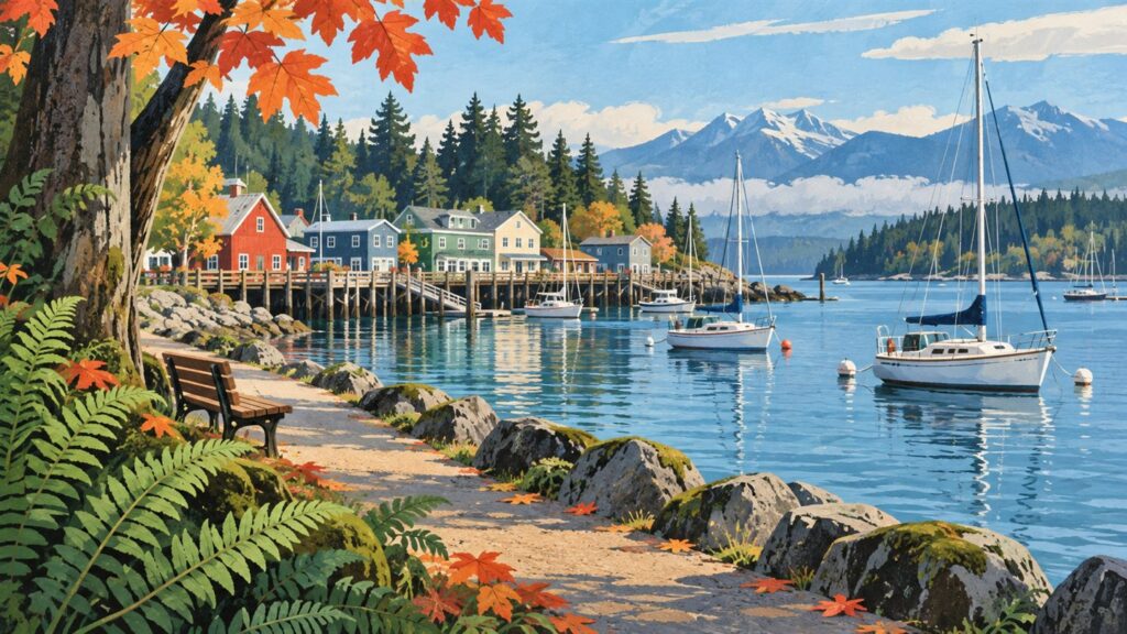 Editorial illustration of a Pacific Northwest harbor, waterfront path, sailboats and autumn foliage.
