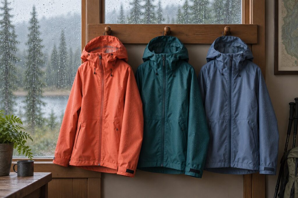 Editorial illustration of three generic, unbranded hooded rain jackets hanging beside a rainy window.