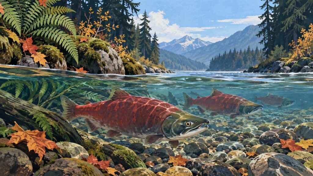 Conceptual illustration of salmon swimming over pebbles beneath an autumn forest stream.