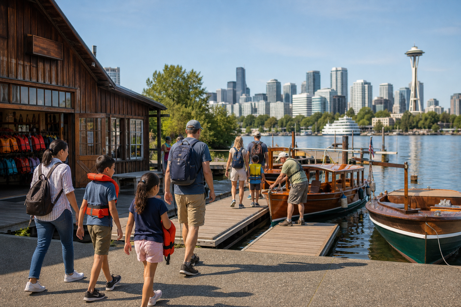 Illustration of visitors beside wooden boats at a Seattle waterfront.