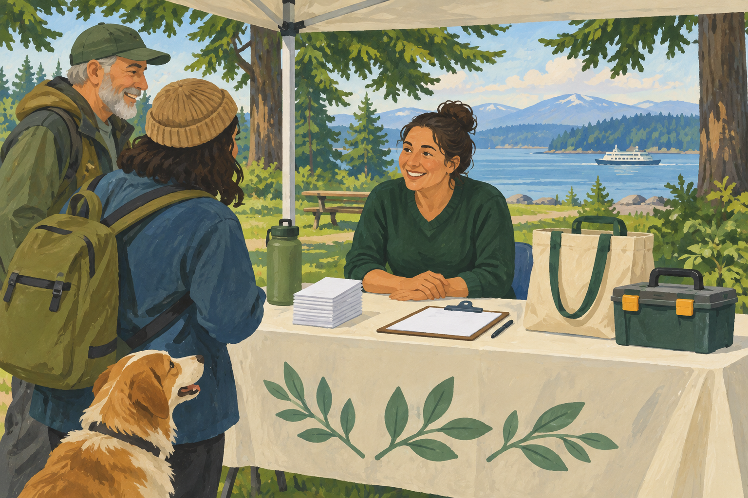 Illustration of neighbors at a community information table beside a canopy, with a tote and toolbox.