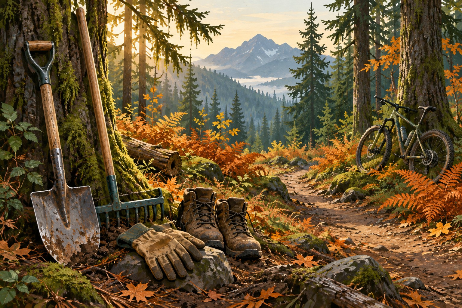 Illustration of trail tools, gloves and boots beside a forest path and a mountain bike.