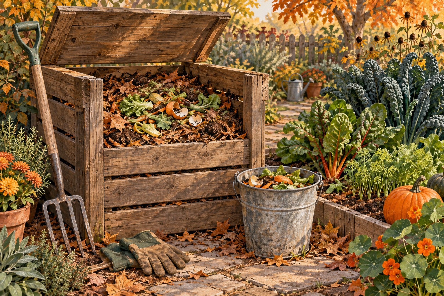 Illustrated compost bin, garden tools and autumn leaves.